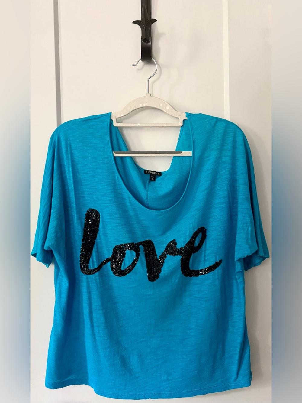 Express Women's Blue/Teal/Turquoise with Black Sequins ‘Love’ Script Tee S